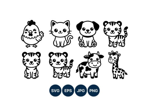 Download Cute Baby Animals Line Art Vector Set - Animals Collection