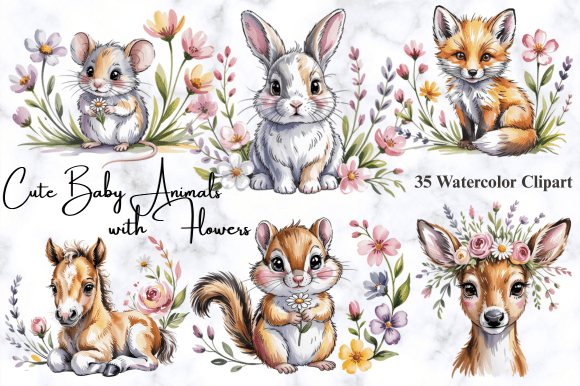 Download Cute Baby Animals with Flowers Clipart - Animals Collection